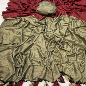 Charming Maroon & Chikoo Solid Handwoven Pure Mul Cotton Saree With Tassel Pallu