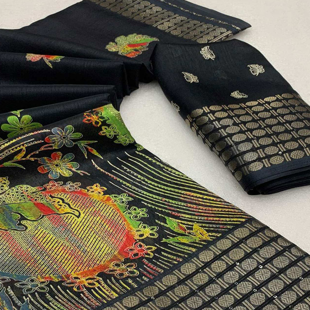 Black Printed Dola Silk Saree With Sequins Border