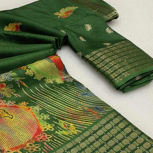 Green Printed Dola Silk Saree With Sequins Border