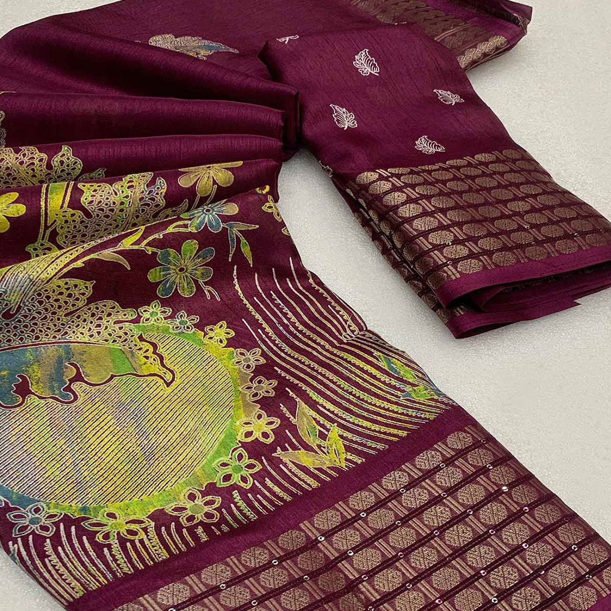 Wine Printed Dola Silk Saree With Sequins Border