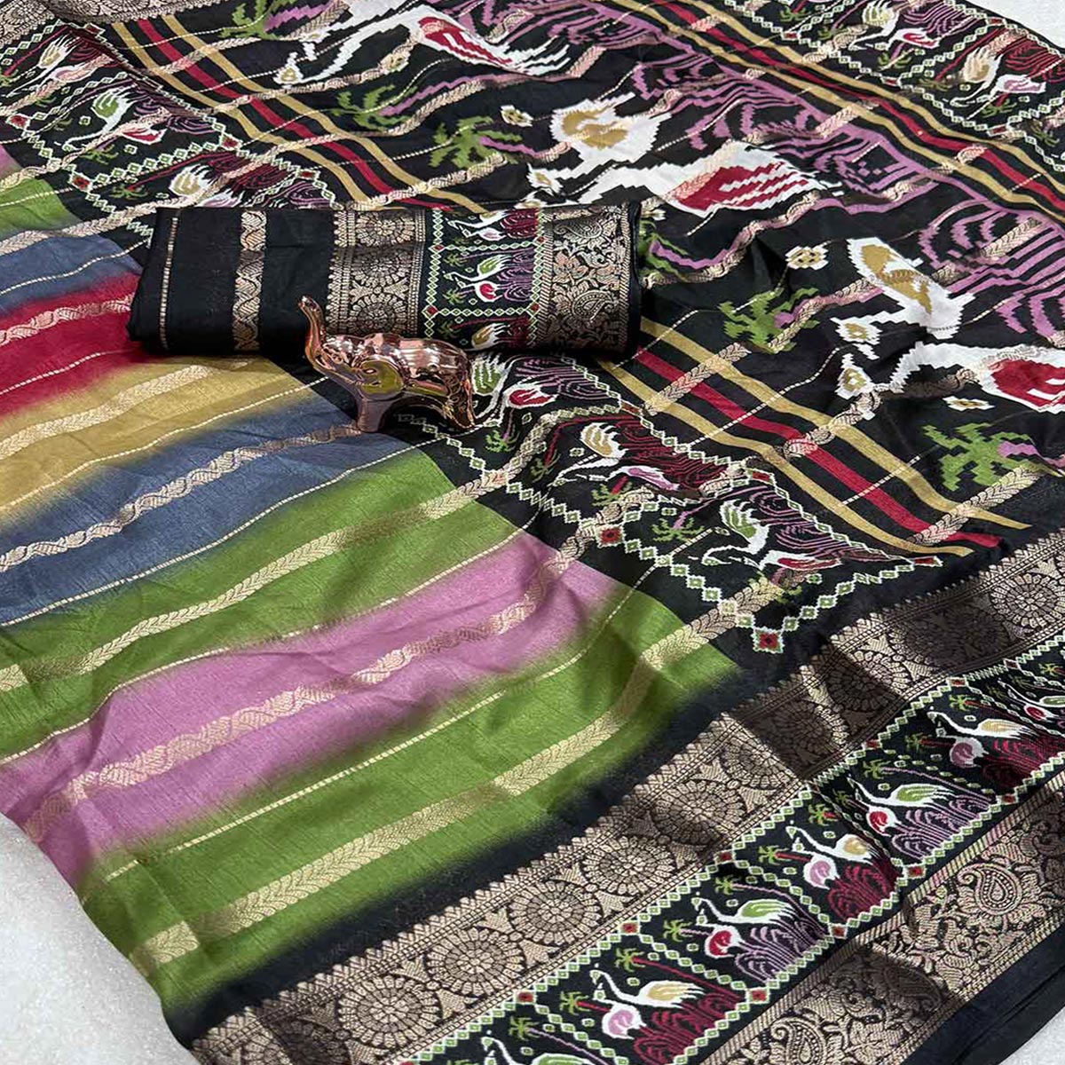 Luxury Multicolor Silk Jacquard Saree Adorned With Striped Zari Weaving and Printed Pallu