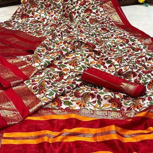 Off White kalamkari With Foil Printed Border Dola Silk Saree