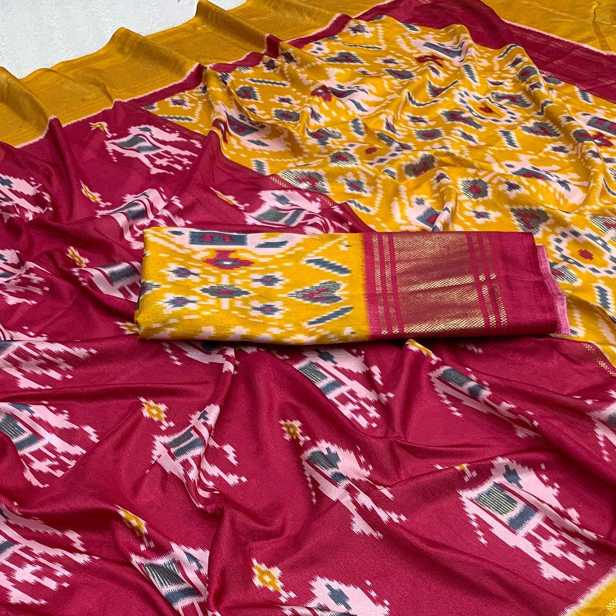 Pink & Yellow Patola Printed Dola Silk Saree