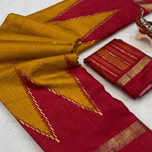Subtle and Stylish Mustard & Red Saree with Ikkat Prints in Luxe Dola Silk for Festive Wear