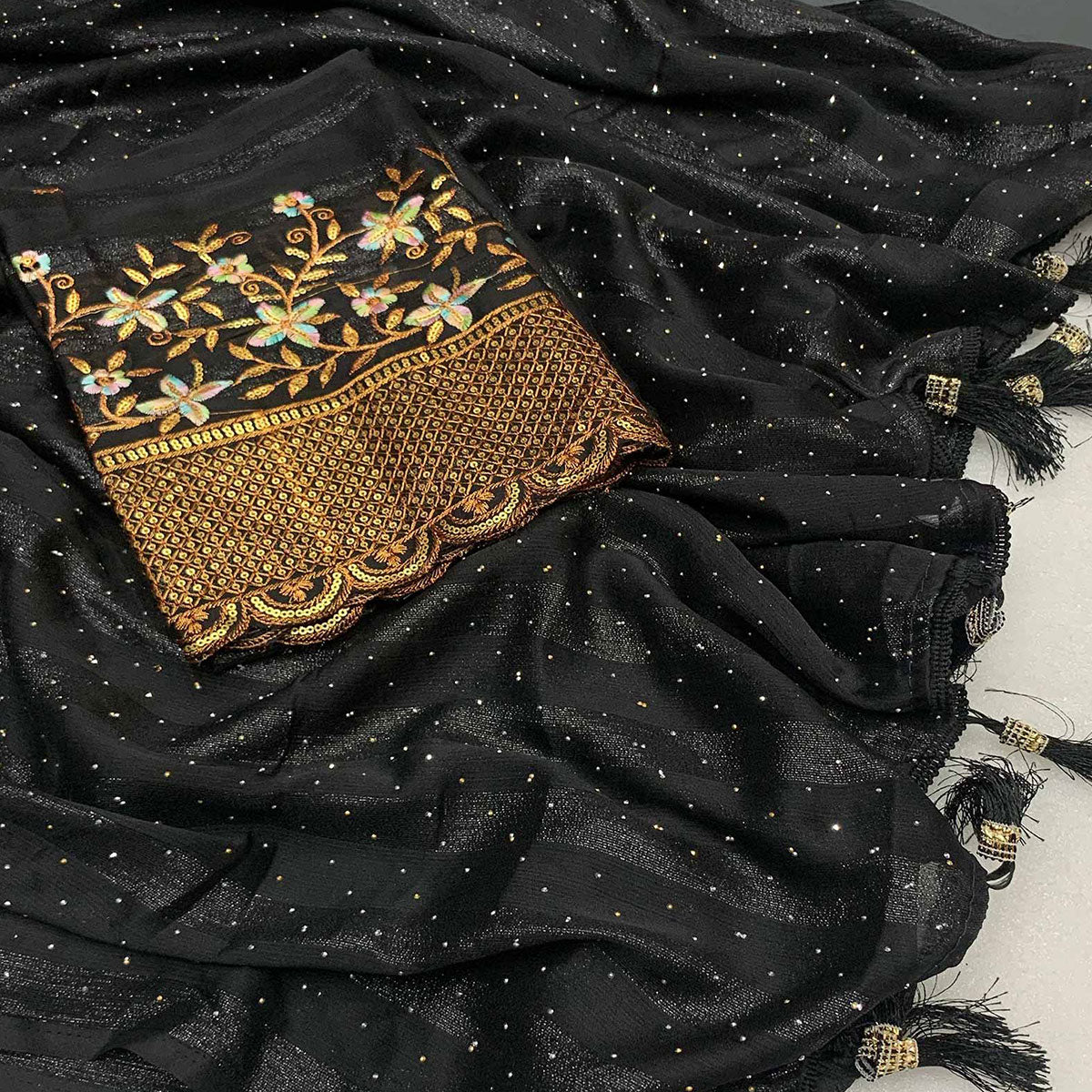 Black Woven Swaroski Work Georgette Saree With Tassels