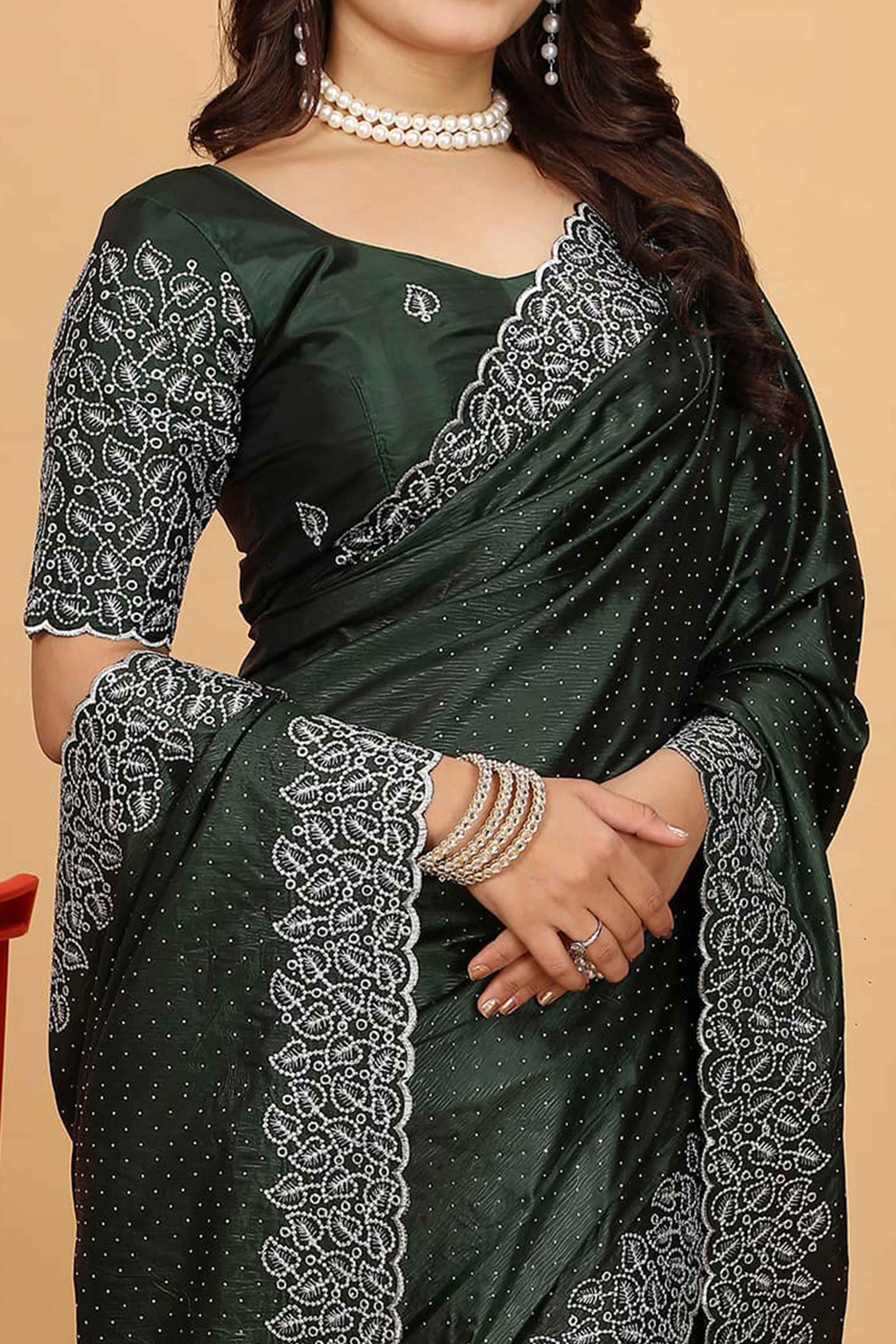 Green Swarovski Work Paper Silk Saree With Embroidery Zari Border