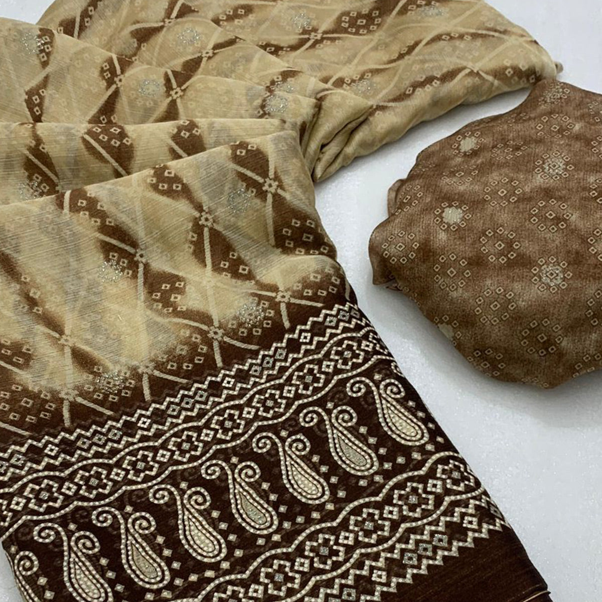 Brown Shibori Foil Printed Chiffon Saree