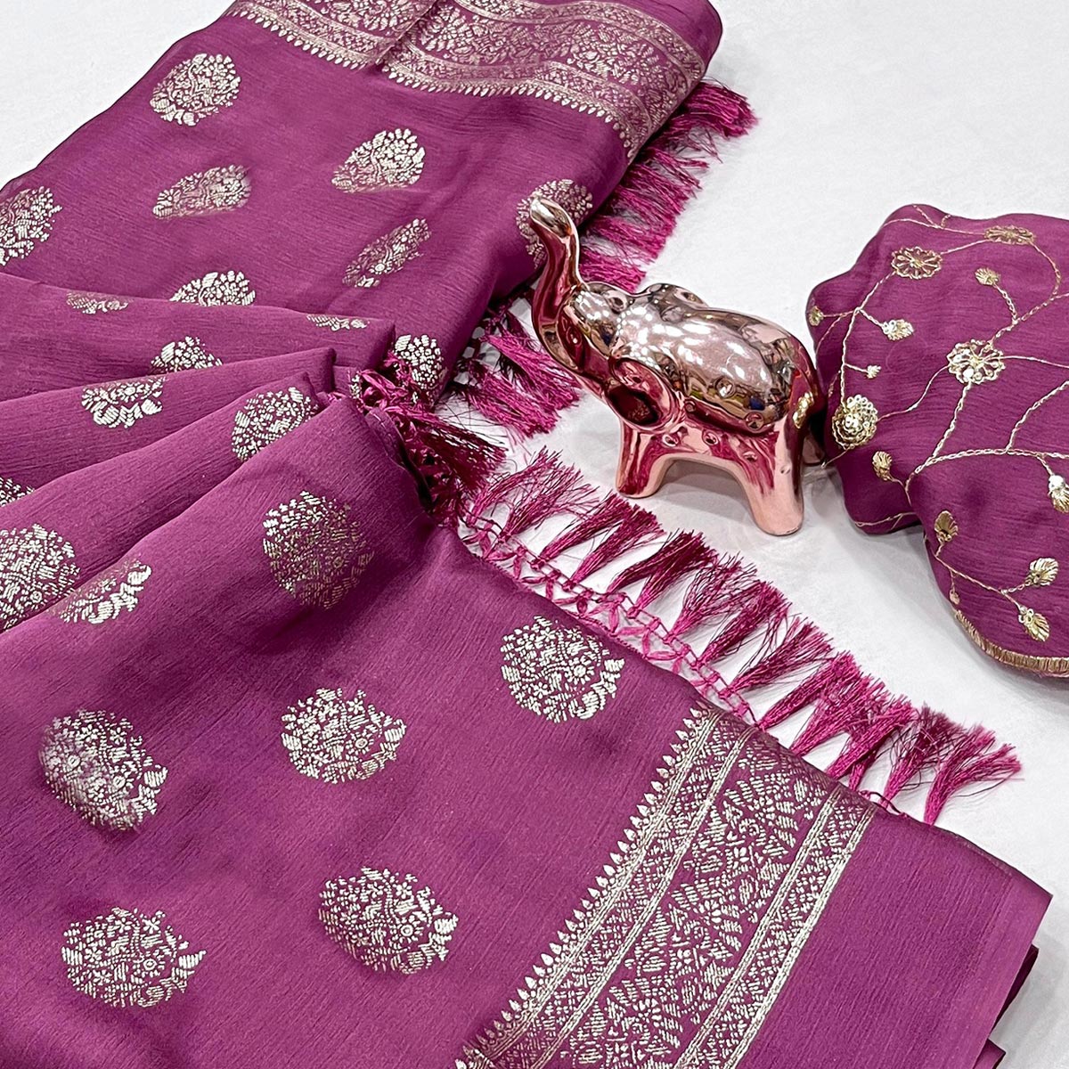 Elegant Dark Magenta Foil Floral Printed Georgette Saree With Tassel Detailing Pallu