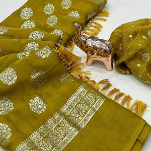 Elegant Mustard Foil Floral Printed Georgette Saree With Tassel Detailing Pallu