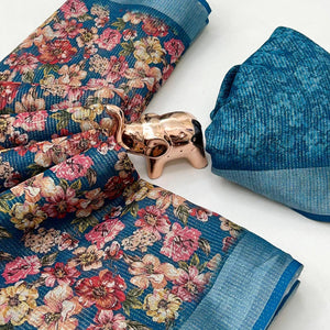 Pretty Blue Shimmer Cotton Saree With Floral Digital Print & Designer Zari Border