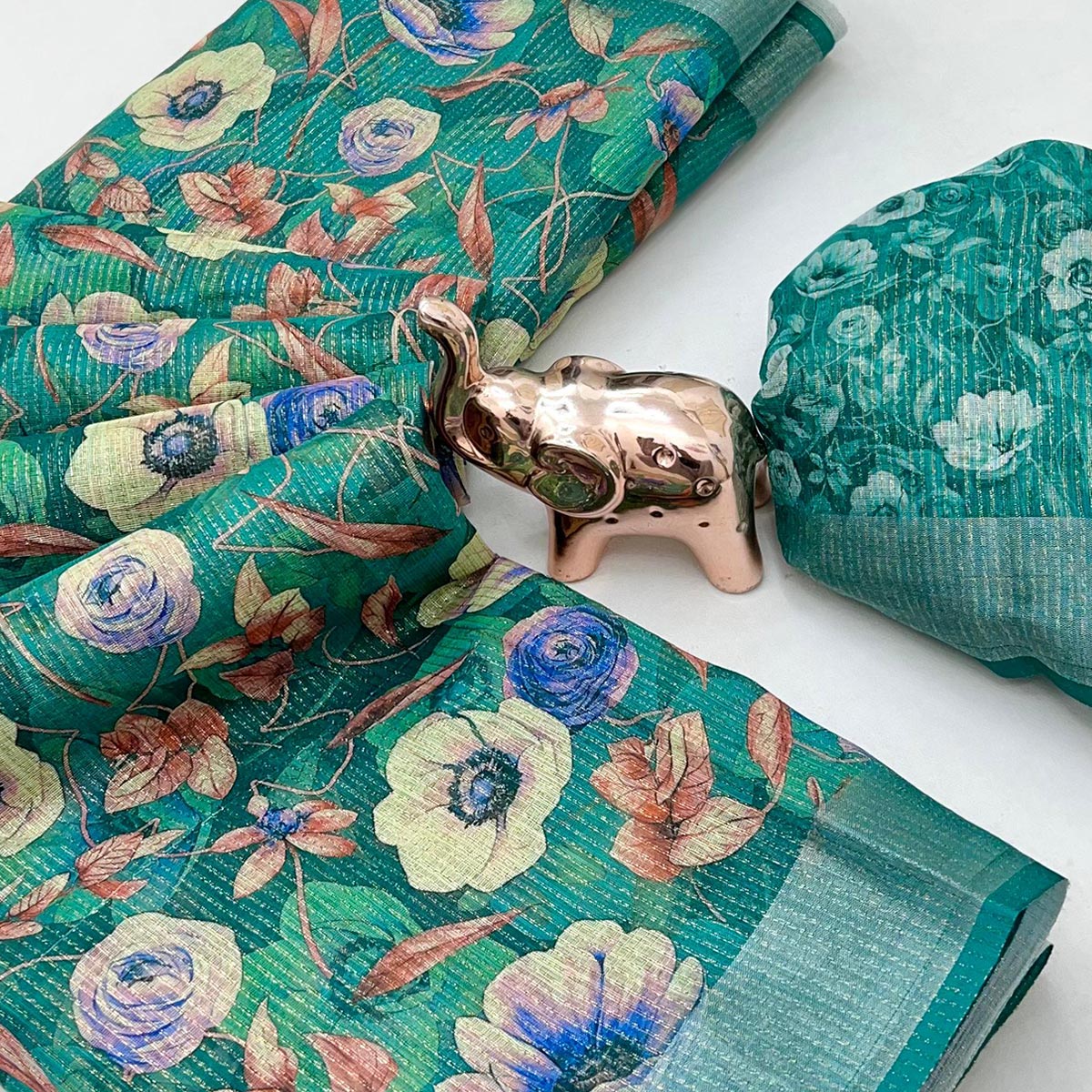 Pretty Green Shimmer Cotton Saree With Floral Digital Print & Designer Zari Border