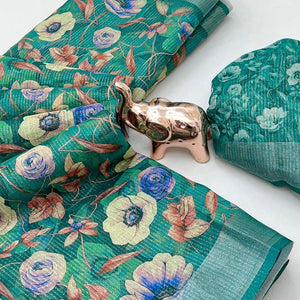 Pretty Green Shimmer Cotton Saree With Floral Digital Print & Designer Zari Border