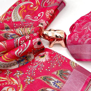 Pretty Rani Pink Shimmer Cotton Saree With Floral Digital Print & Designer Zari Border