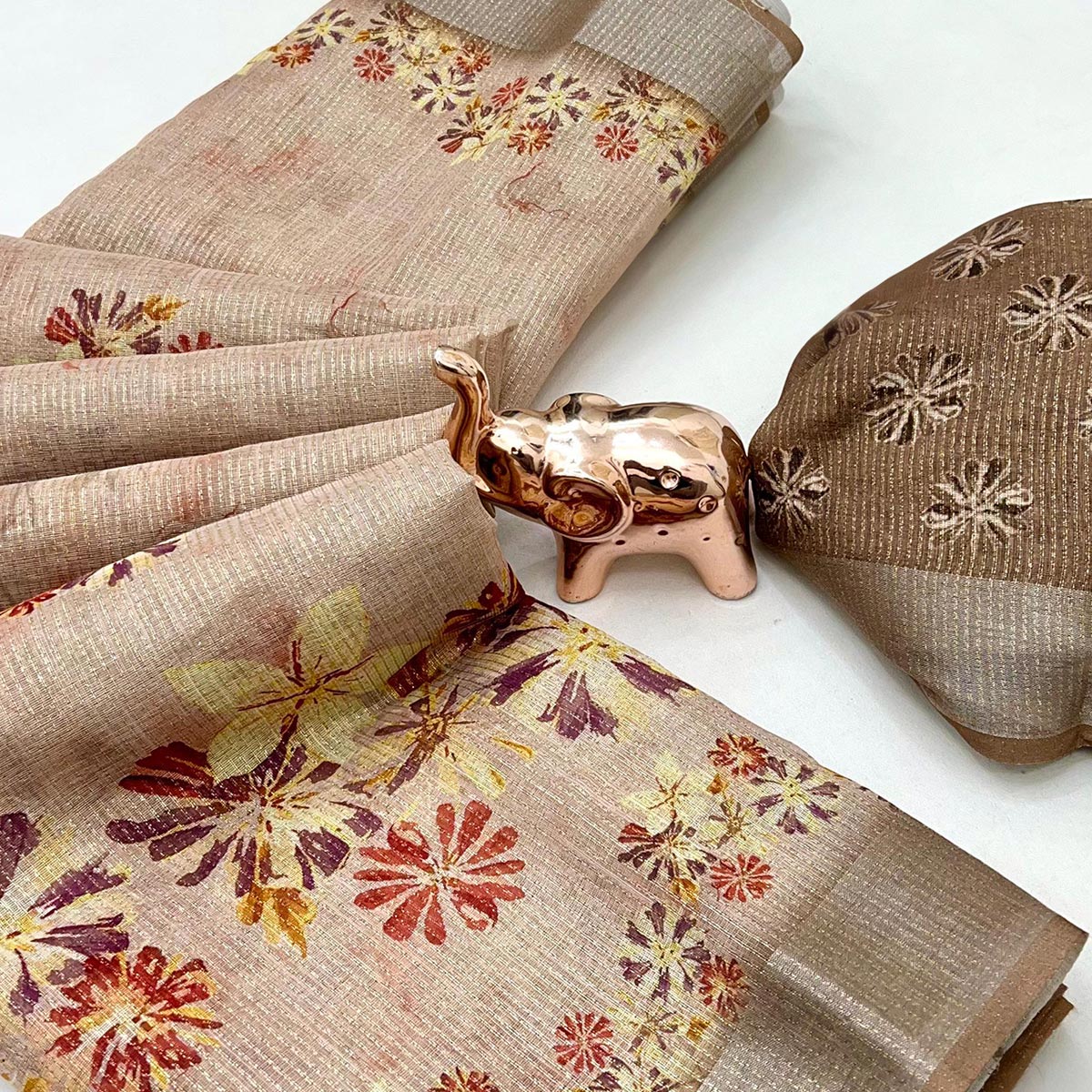 Pretty Sandy Beige Shimmer Cotton Saree With Floral Digital Print & Designer Zari Border