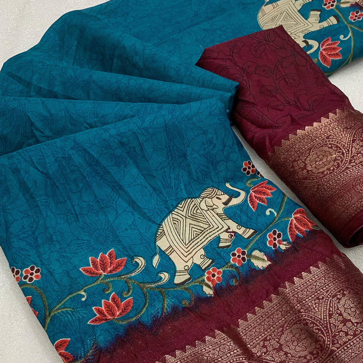 Blue Printed Dola Silk Saree