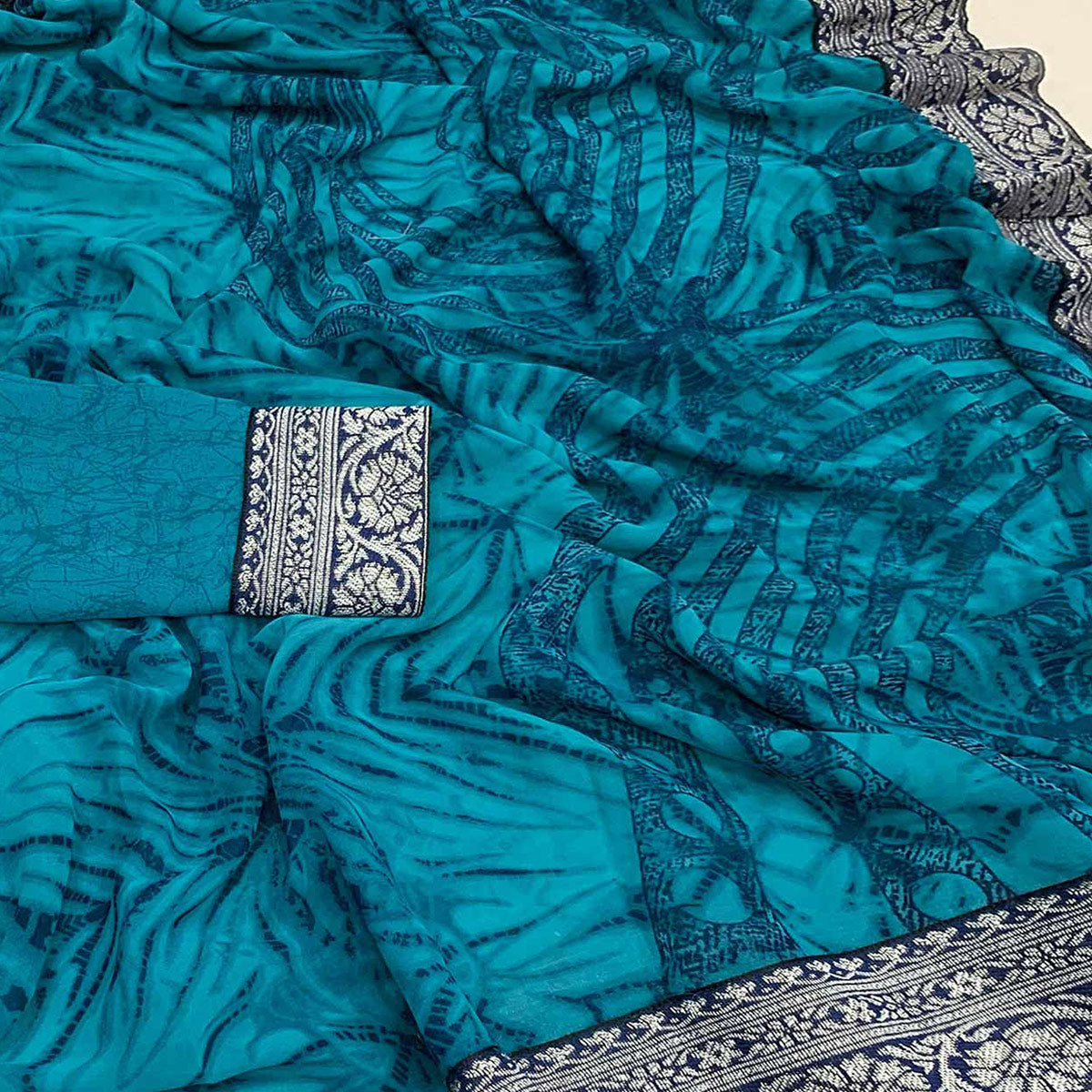 Rama Blue Shibori Printed Georgette Saree With Woven Border