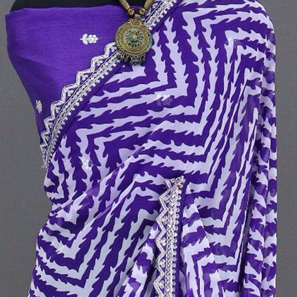 Violet Zig Zag Printed Georgette Saree With Sequins Embroidered Border
