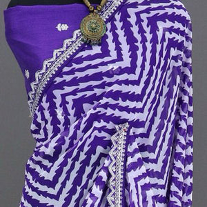 Violet Zig Zag Printed Georgette Saree With Sequins Embroidered Border