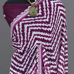 Wine Zig Zag Printed Georgette Saree With Sequins Embroidered Border