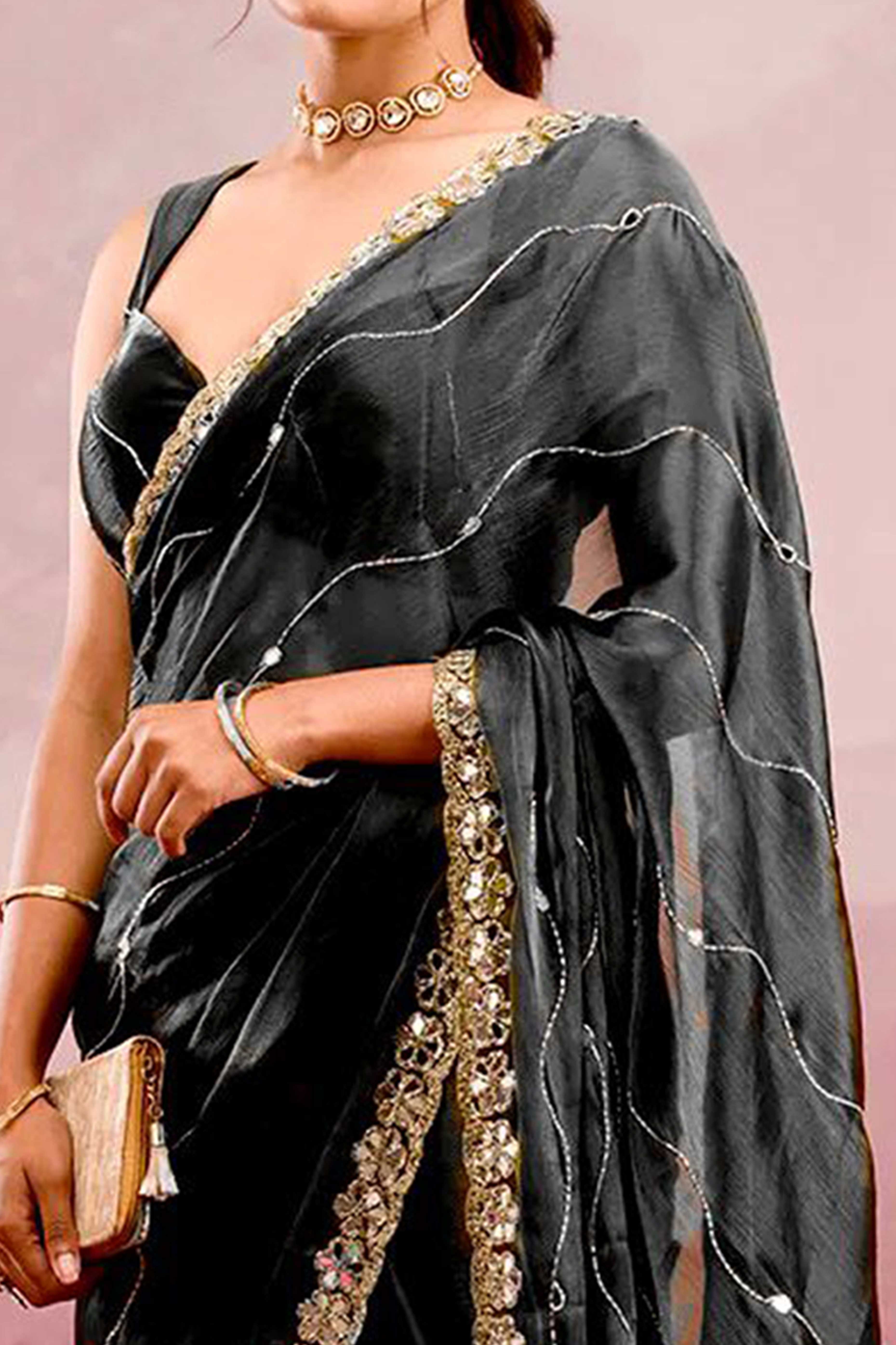 Black Art Silk Saree Highlighted with Embroidery & Mirror Detailing