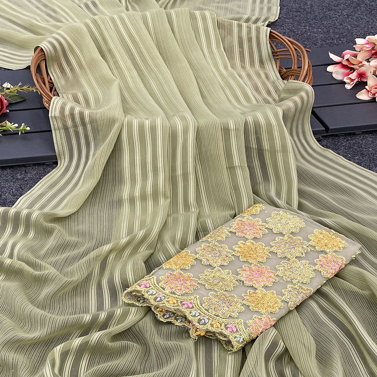 Green Zari Striped Woven Georgette Saree