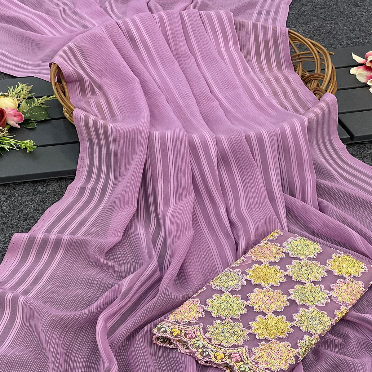 Purple Zari Striped Woven Georgette Saree
