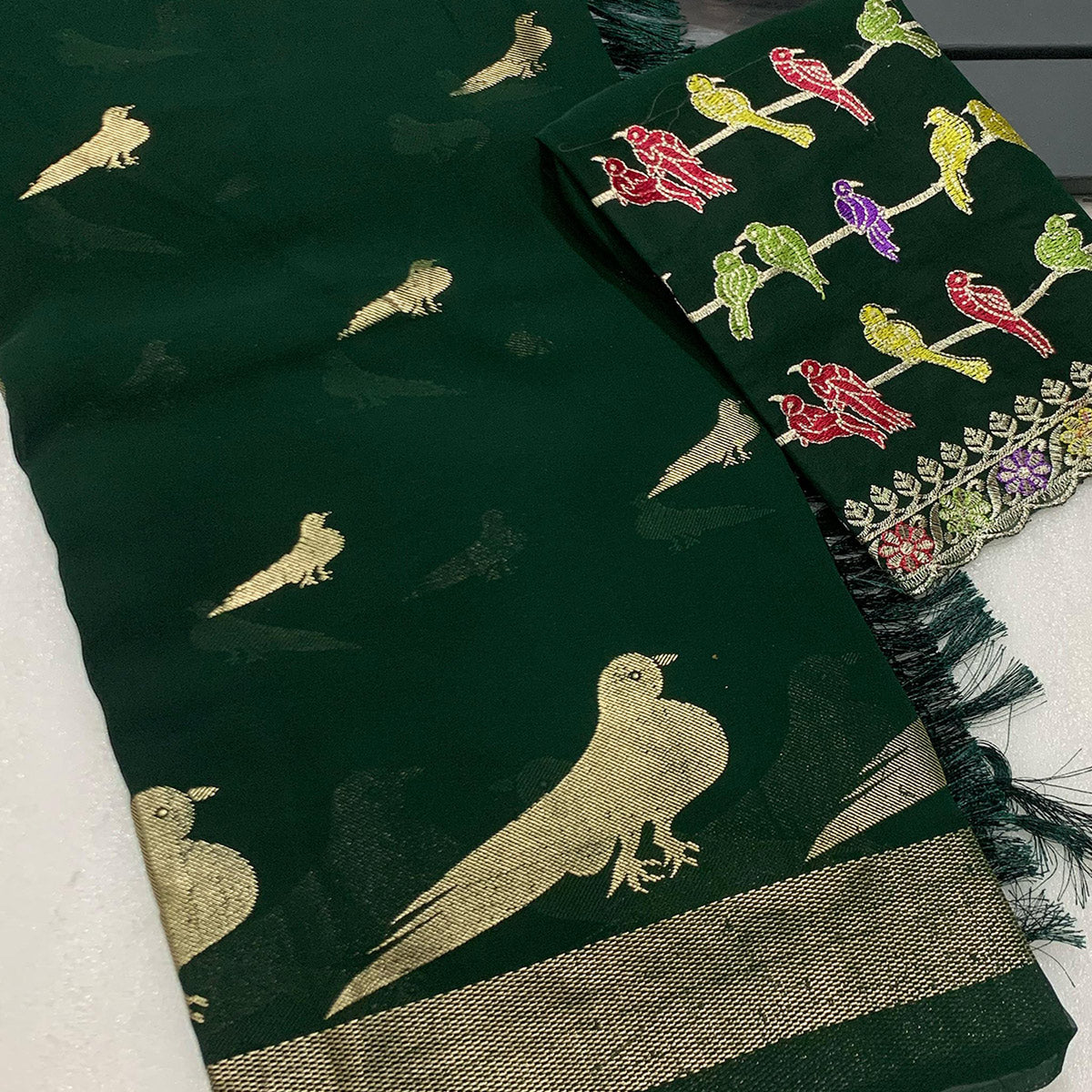 Green Georgette Saree Adorned With Elegant Bird Embroidery