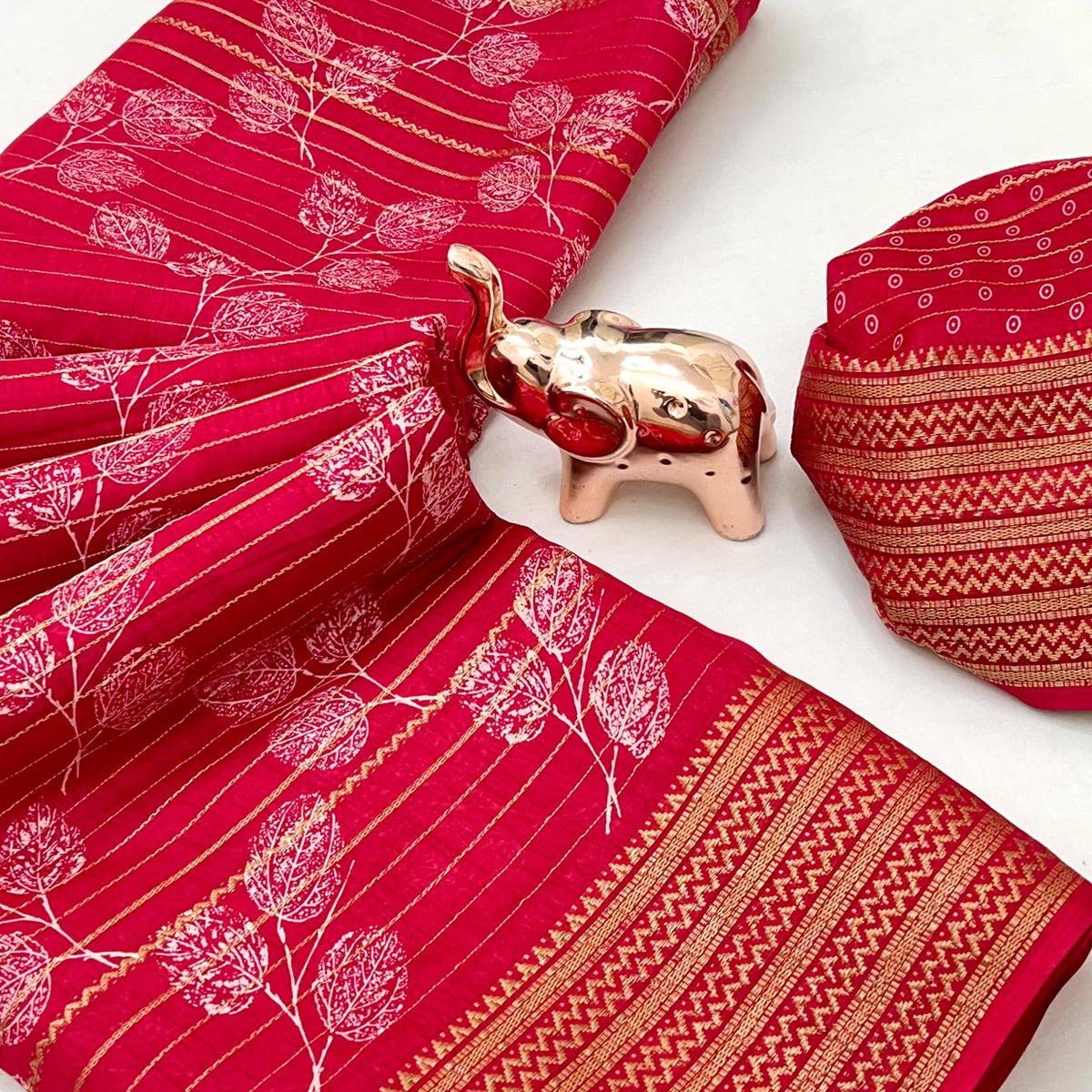 Elegant Cherry Red Floral & Striped Pattern Zari Weaving Dola Silk Saree