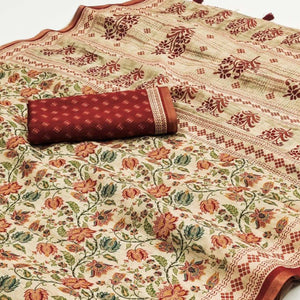 Beige Kalamkari Floral Printed Chanderi Saree