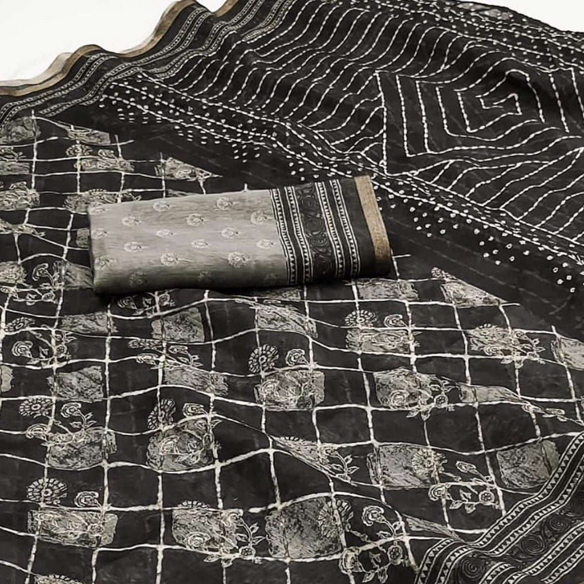 Black Kalamkari Floral Printed Chanderi Saree
