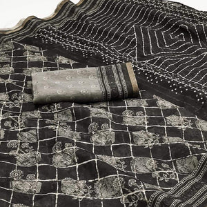 Black Kalamkari Floral Printed Chanderi Saree