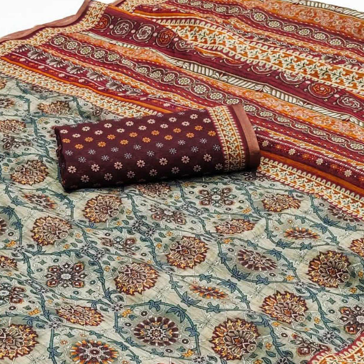 Off White Kalamkari Floral Printed Chanderi Saree