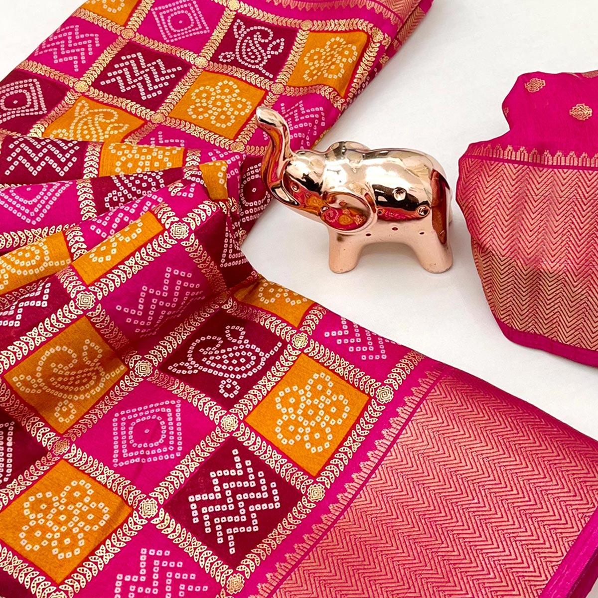 Rani Pink Traditional Bandhani Foil Print Dola Silk Saree With Designer Jacquard Border