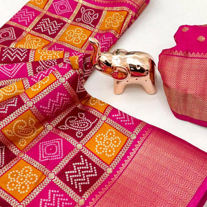 Rani Pink Traditional Bandhani Foil Print Dola Silk Saree With Designer Jacquard Border