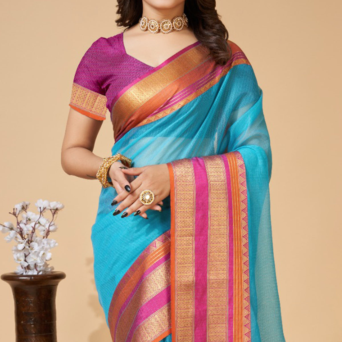 Blue Woven Kota Doria Saree