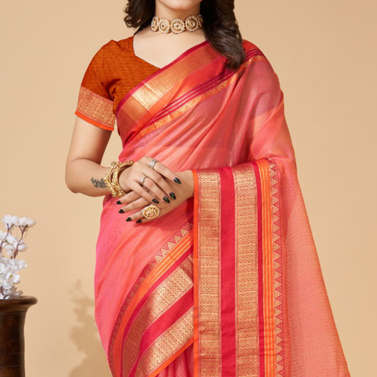 Gajari Pink Woven Kota Doria Saree