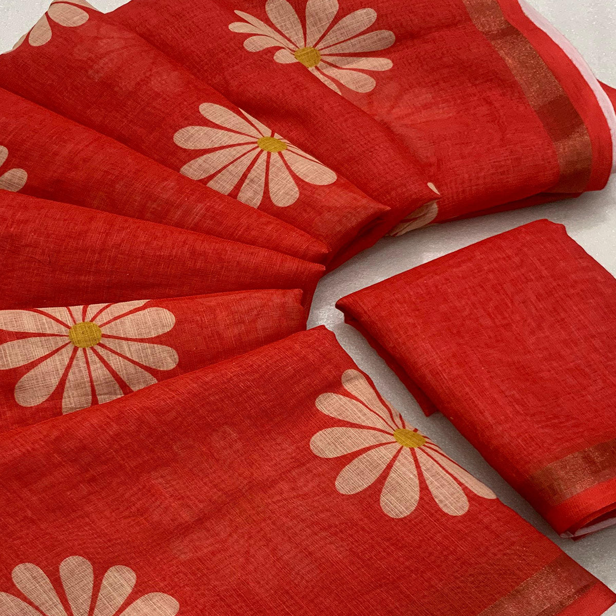 Red Floral Printed Linen Silk Saree With Tassels