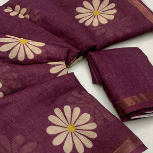 Wine Floral Printed Linen Silk Saree With Tassels