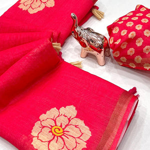Graceful Pink Floral Printed Saree in Linen Silk with Delicate Tassel Accents