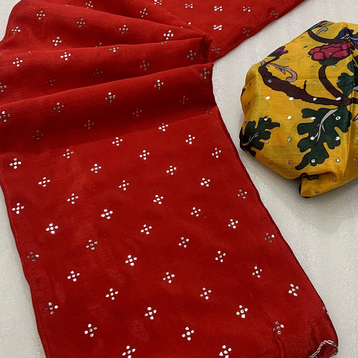 Red Mukaish Work Chinon Saree