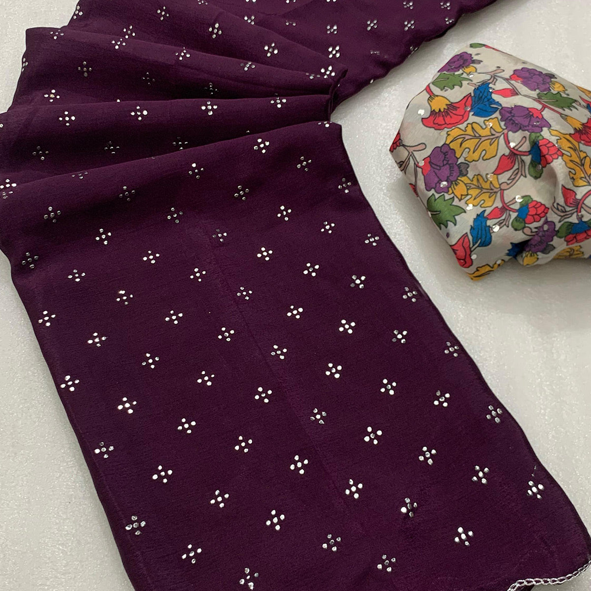 Wine Mukaish Work Chinon Saree