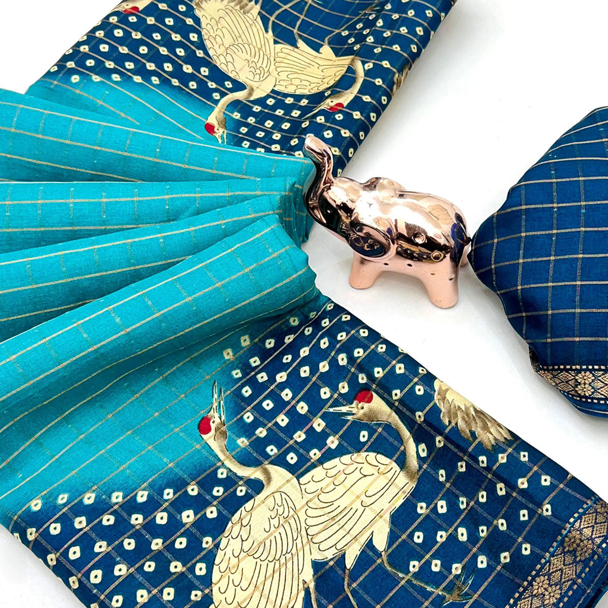 Elegant Blue Checks Weaving Tussar Silk Blend Saree Adorned With Artistic Bird Prints