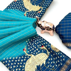 Elegant Blue Checks Weaving Tussar Silk Blend Saree Adorned With Artistic Bird Prints