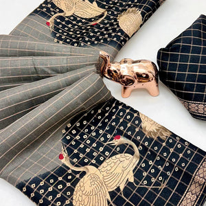 Elegant Grey & Black Checks Weaving Tussar Silk Blend Saree Adorned With Artistic Bird Prints