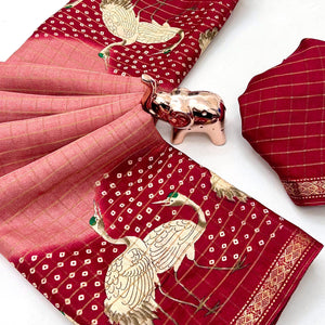 Elegant Peach & Maroon Checks Weaving Tussar Silk Blend Saree Adorned With Artistic Bird Prints