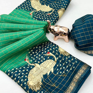 Elegant Rama Green & Blue Checks Weaving Tussar Silk Blend Saree Adorned With Artistic Bird Prints