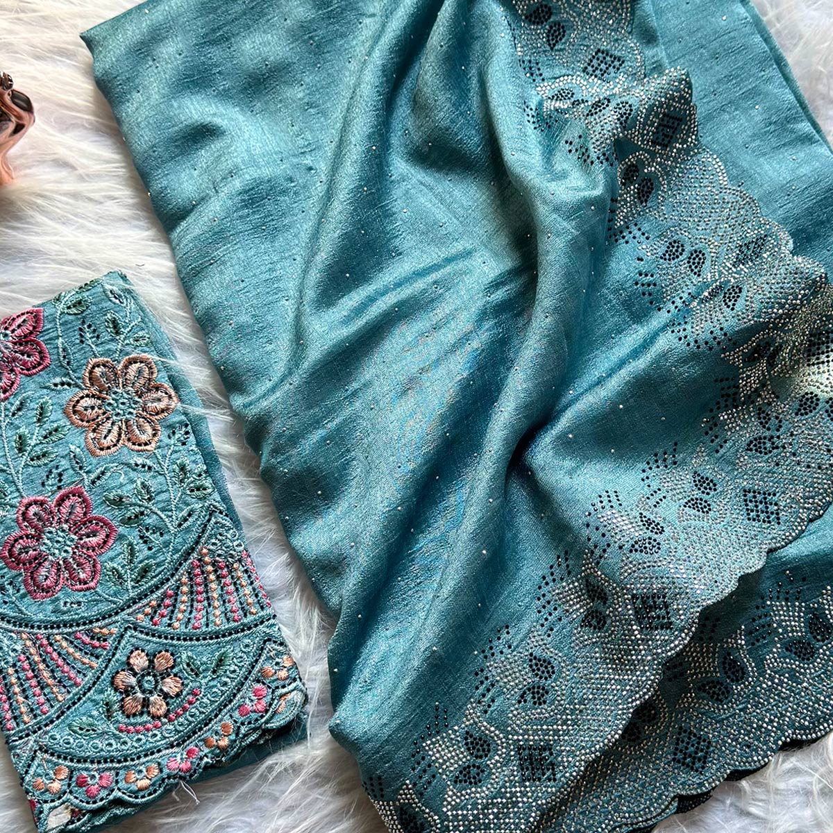 Elegant Blue Vichitra Silk Saree Adorned with Sparkling Swarovski Work & Jarkan Border