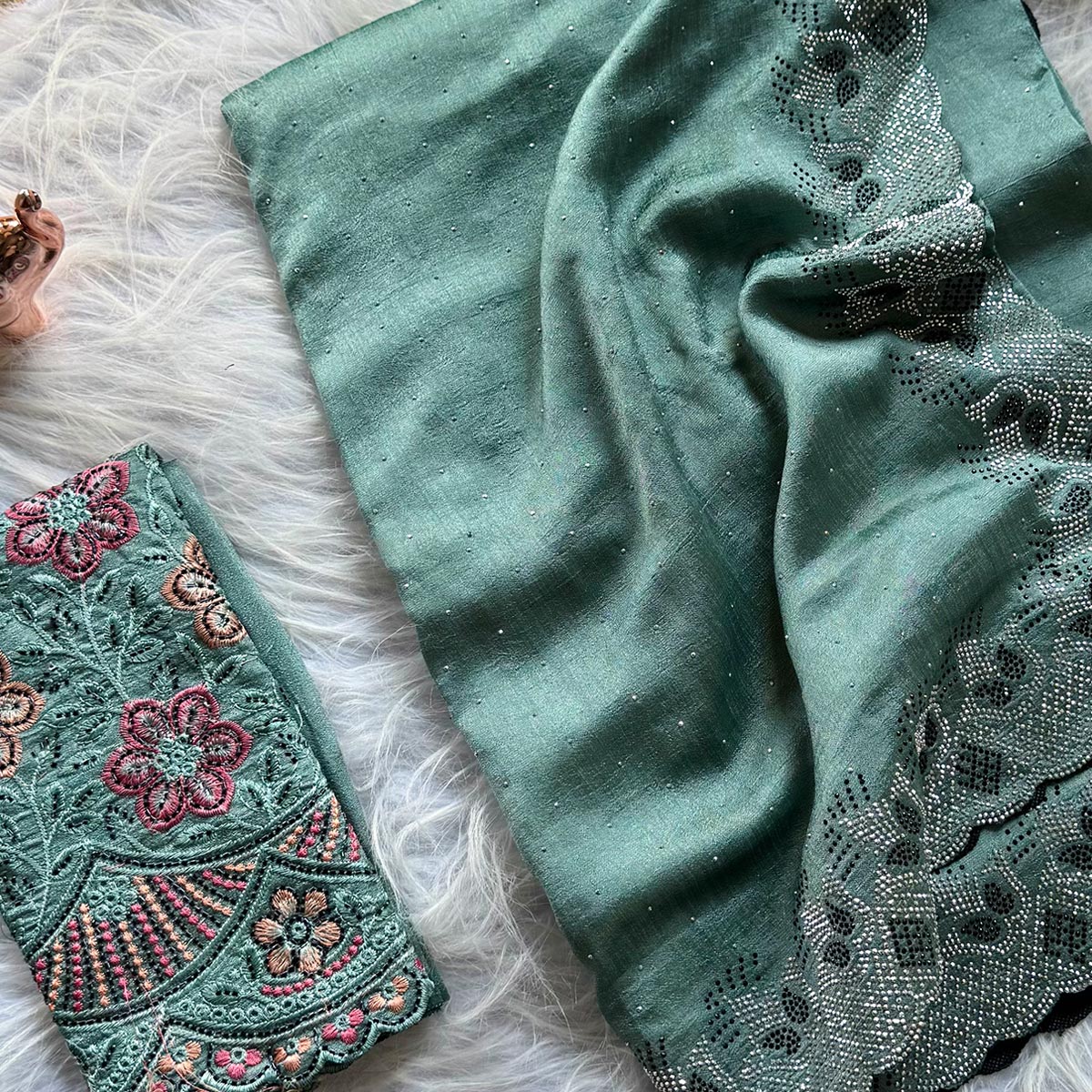 Elegant Dusty Turquoise Vichitra Silk Saree Adorned with Sparkling Swarovski Work & Jarkan Border