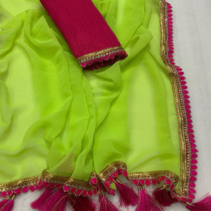 Green Solid Georgette Saree With Embroidered Lace Border Tassels