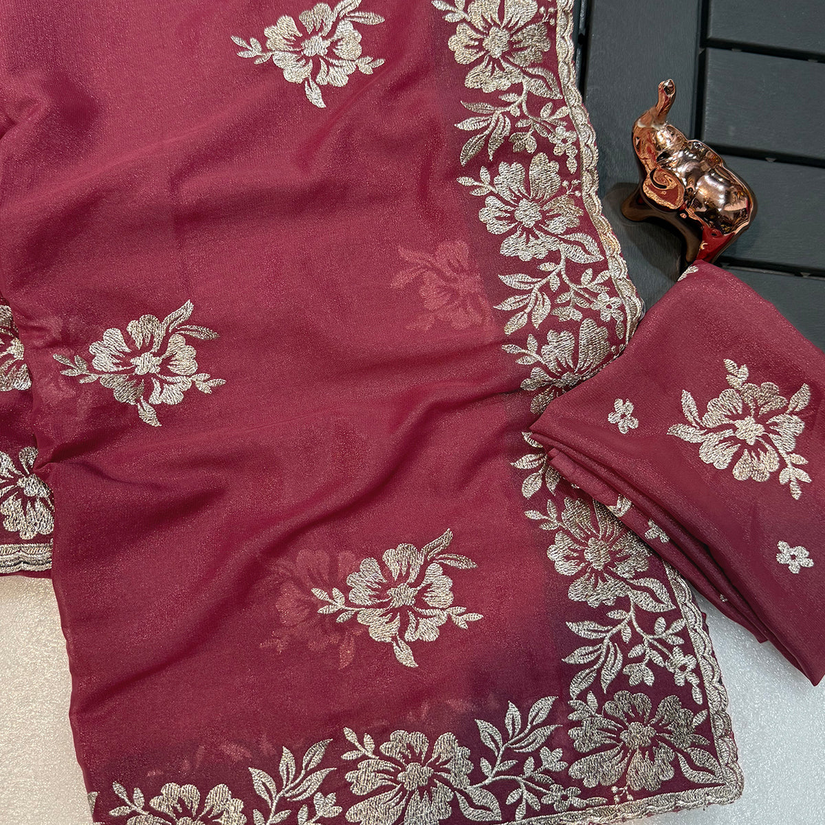 Stunning Light Maroon Georgette Saree with Floral Zari Embroidery & Ornate Cutwork Border